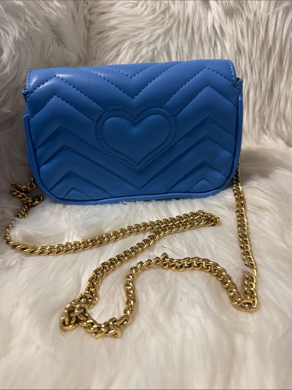 Blue Quilted mini Heart Crossbody Bag with Gold Chain